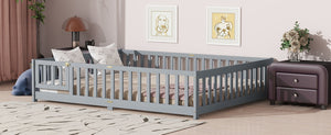 English Elm Queen Floor Bed with Safety Fence and Guardrails, Rubberwood Low Profile Platform for Kids Grey W504P286386