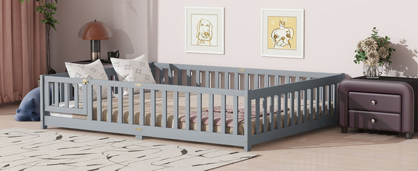 English Elm Queen Floor Bed with Safety Fence and Guardrails, Rubberwood Low Profile Platform for Kids Grey W504P286386
