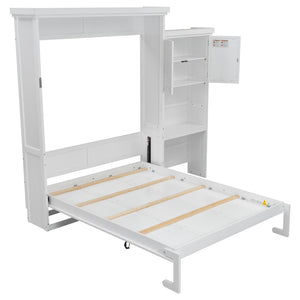 English Elm Queen Size Murphy Bed With Stylish Louvered Design, Multi-Storage Shelves, And Elegant White Finish N7090004018K-GIGA
