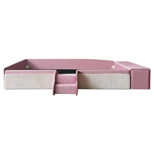English Elm Twin Velvet Kids Daybed with Built-in Stairs Padded Guardrails and Gas Lift Storage Pink+White SF000201AAH