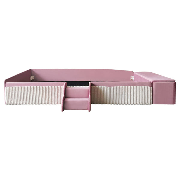 English Elm Twin Velvet Kids Daybed with Built-in Stairs Padded Guardrails and Gas Lift Storage Pink+White SF000201AAH