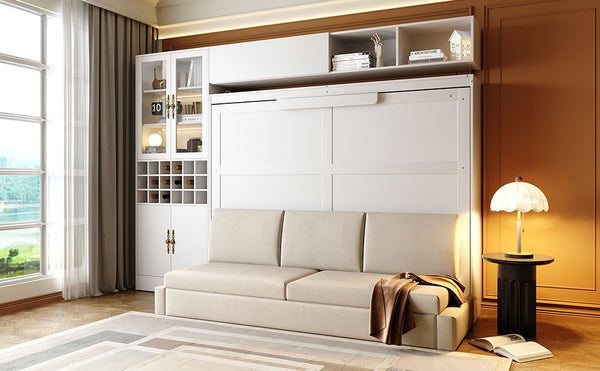 English Elm Queen Murphy Wall Bed Sofa with Open Shelving Usb Charging and Integrated Studio Lighting Gray,White LP100764AAK