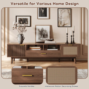 English Elm Wood TV Stand for 75" TVs with Rattan Drawers, Soft-Close Doors, Drop-Down Storage, Waterproof Finish N710P257619P