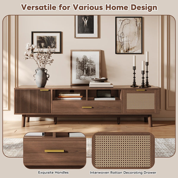 English Elm Wood TV Stand for 75" TVs with Rattan Drawers, Soft-Close Doors, Drop-Down Storage, Waterproof Finish N710P257619P