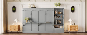 English Elm Queen Murphy Wall Bed with Folding Platform Side Cabinet Drawer and Adjustable Shelves Gray N733S407545E