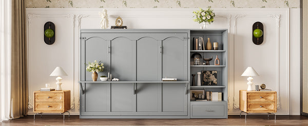English Elm Queen Murphy Wall Bed with Folding Platform Side Cabinet Drawer and Adjustable Shelves Gray N733S407545E