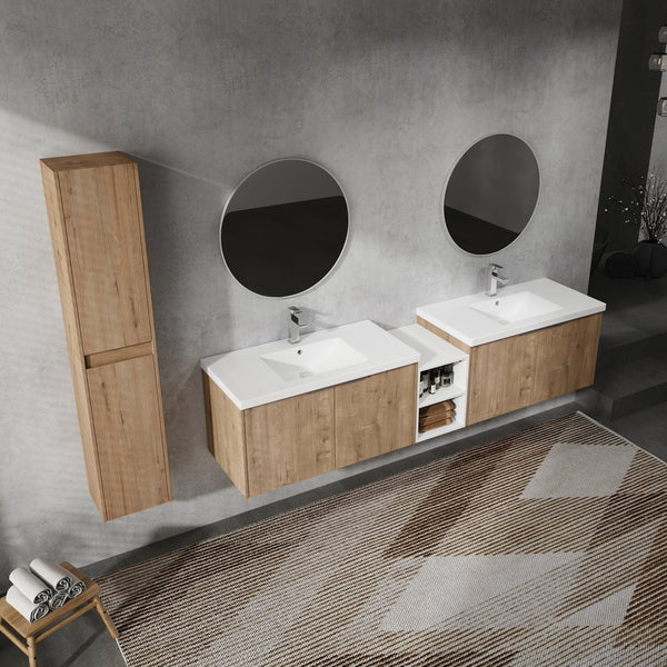 English Elm 84" Wall-Mounted Bathroom Vanity Set With Soft-Close Doors, Dual Sinks & Abundant Storage Space W999S00233