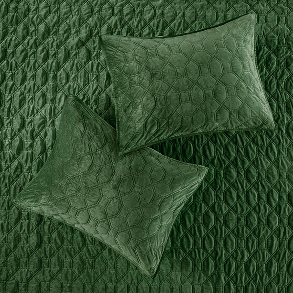 JLA Home Madison Park - 3 Velvet Quilt Set with Plush Polyester Velvet, Geometric Stitching, Antimicrobial Finish for Cozy Beds Green MP13-6467