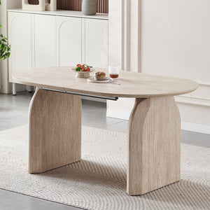 English Elm Wood Extendable Dining Table - Modern Oval MDF Top with Dual Pillar Legs, Space-Saving, Durable Versatile Gatherings and Home Office Use W3590S00002