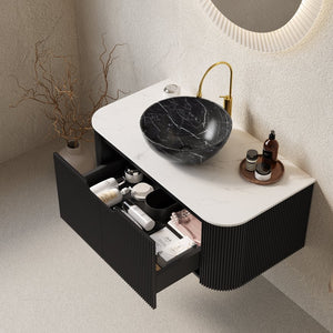 English Elm Dina Floating Bathroom Vanity Sintered Stone Top Glass Basin Striped Plywood Cabinet W2615S00265