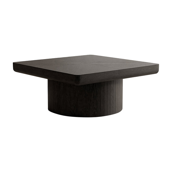 English Elm 34.6'' Square Coffee Table Parquet Wood Veneer Sculptural Cylindrical Base Modern Living Room Black W1435P337648