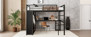 English Elm Queen Size Loft Bed Frame With Integrated Wardrobe, Desk & Shelves - Space-Saving Black Design W1580S00105-GIGA