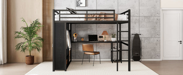 English Elm Queen Size Loft Bed Frame With Integrated Wardrobe, Desk & Shelves - Space-Saving Black Design W1580S00105-GIGA