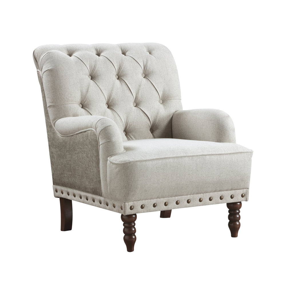 English Elm 1pc Beige Accent Chair – Button-Tufted Fabric, Nailhead Trim, Solid Wood Frame, Luxurious Living Room Seat B011P281844