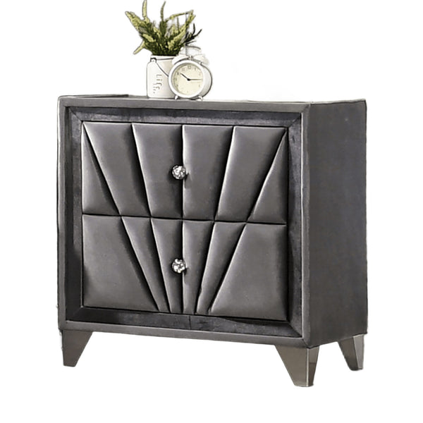English Elm Fully Upholstered Frame nightstand with crystal-style knobs, glass top and chrome rhombus feet, luxe bedside statement piece Gray 29 L x 19 W x 25 H B011P321012