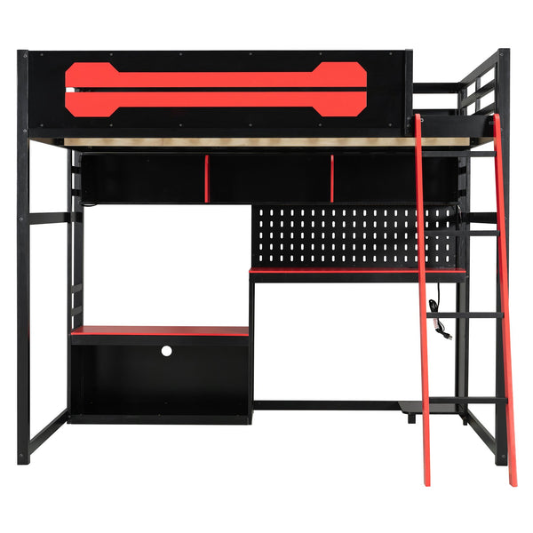 English Elm Full Size Gaming Loft Bed with Built-in Desk Led Lighting Usb Ports and Pegboard Black+Red LT000270AAR