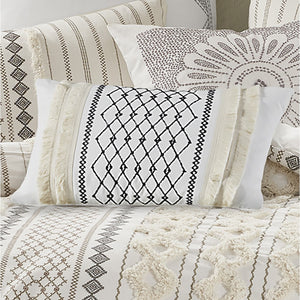 JLA Home INK+IVY - Embroidered Ivory Cotton Oblong Pillow with Geometric Chenille Fringe, Corner Tassels & Hidden Zipper II30-998
