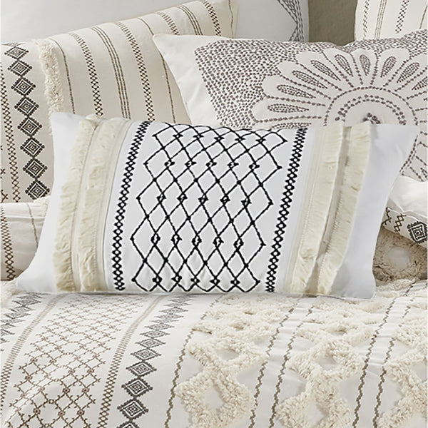 JLA Home INK+IVY - Embroidered Ivory Cotton Oblong Pillow with Geometric Chenille Fringe, Corner Tassels & Hidden Zipper II30-998