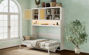 English Elm Twin Murphy Bed with Rattan Cabinet Doors Led Lighting and Usb Charging for Small Spaces White LP000740AAK