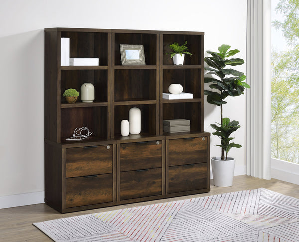 English Elm 1pc Multifunctional Bookcase with 3 Open Shelves, 2 Lockable Drawers and Dual USB-A/USB-C Charging Ports Brown,Pine Wood 42 L x 26.26 W x 8 H B011P337668