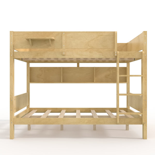 English Elm Queen Over Solid Pine Bunk Bed with Built in Shelves and Tray for Guest Rooms Natural W5305S00009