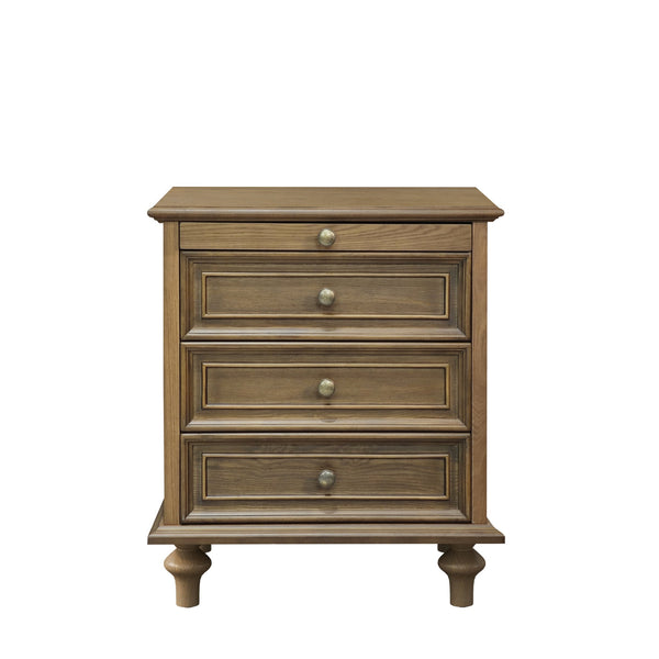 English Elm Farmhouse Nightstand Pine Wood Four Drawer Storage with Pull Out Tray Gourd Legs Light Brown W1716P399639