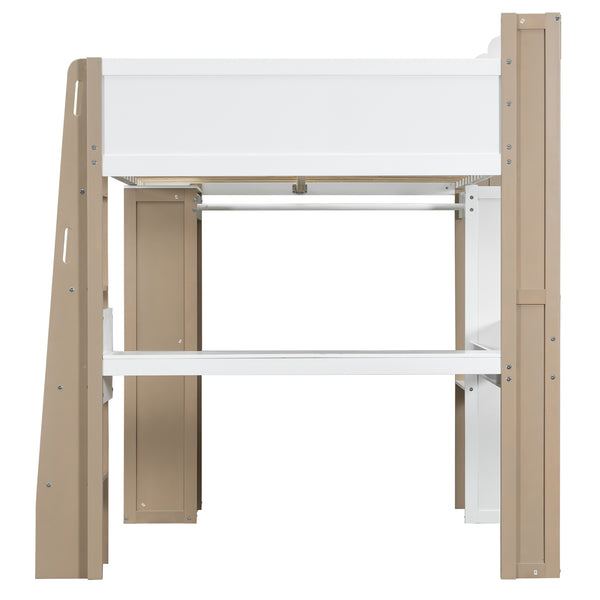 English Elm Full Size Wood Loft Bed With Desk, Wardrobe & Storage Shelves - Stylish Space-Saving Solution! N7090005007K