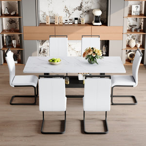 English Elm Table With Storage & 6 White Pu Chairs - Modern Scandinavian Dining Set For Stylish Family Meals W1151S04272-GIGA