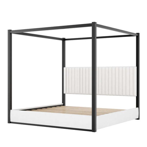 English Elm King Velvet Upholstered Four Poster Canopy Bed White Modern Bedroom Frame N7090002405B