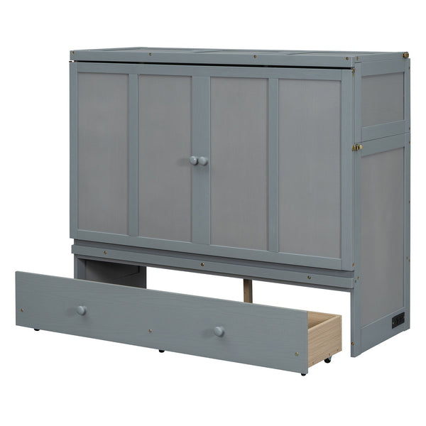 English Elm Full Size Wall Murphy Bed Cabinet with Storage Drawer and Built-in Usb Charging Gray N708P205903E