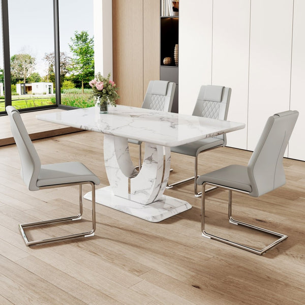 English Elm Table And Chair Set - Modern Marble Pattern Mdf Dining Table With 4 Light Gray Pu Chairs, Stylish Design W1151S02187-GIGA