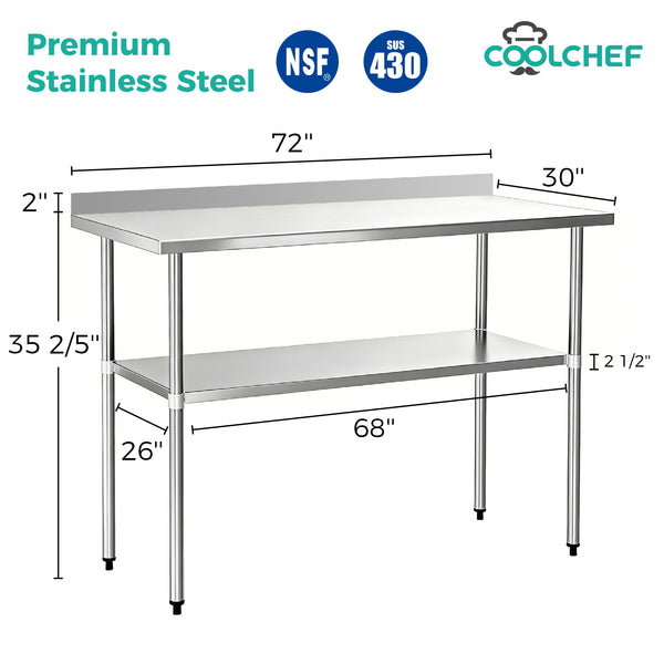English Elm 30" X 72" Nsf Certified Stainless Steel Prep Table with Backsplash and Undershelf W3629P365487