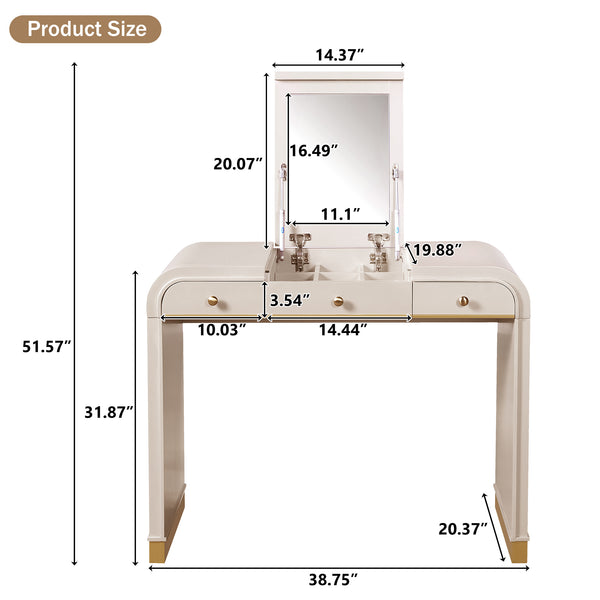 English Elm Classic Flip Top Vanity Desk with Gold Accents 2 Drawer Retro Bedroom Dressing Table Champagne N704P381406C