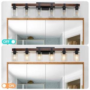 English Elm 42" Rustic 6-Light Vanity Light - Farmhouse Industrial Wall Sconce with Wood Accent & Clear Glass Shades W2312P374785