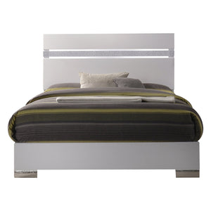 English Elm White High Gloss Queen Bed with Sparkling Acrylic Panel, Chrome Block Legs, Low-Profile Footboard, Box Spring Required B062S00519