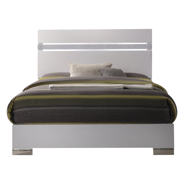 English Elm White High Gloss Queen Bed with Sparkling Acrylic Panel, Chrome Block Legs, Low-Profile Footboard, Box Spring Required B062S00519