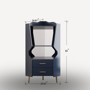 English Elm Wooden Corner Bar Cabinet with Mirrored Back, High Legs, 2 Shelves & 2 Drawers for Stylish Storage Blue W2899P374346