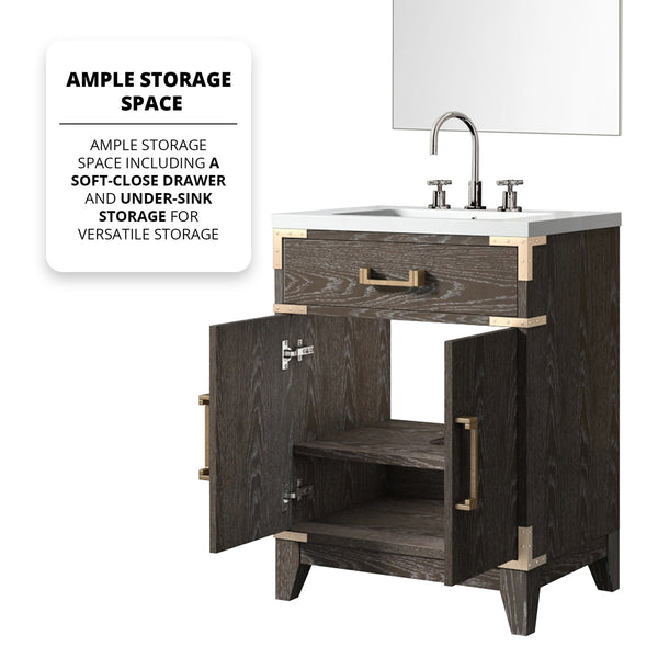English Elm Brown Oak Single Bath Vanity 24" W x 18" D with Acrylic Top, 18" Mirror & Chrome Gooseneck Faucet Set B2731S02000