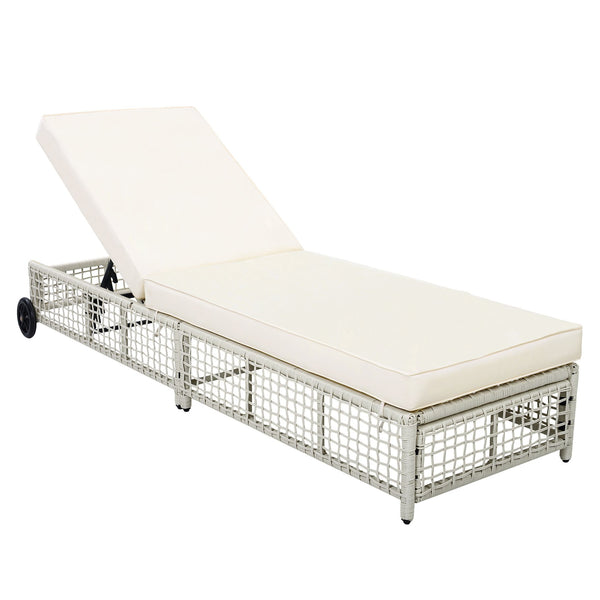 English Elm Trexm Outdoor Pe Rattan Chaise Lounge Iron Frame Poolside Chair with Adjustable Backrest Beige,Creamy White TM000016AAK
