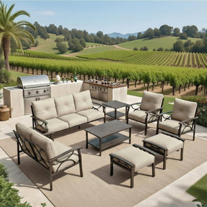 English Elm 8-piece Outdoor Conversation Set 9 Seat Steel Patio Sofa with Thick Cushions Tables Beige B082S00118