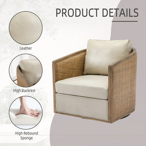 English Elm Swivel Barrel Chair Faux Leather Rattan Accent Seat with 360 Base for Living Room W395102741