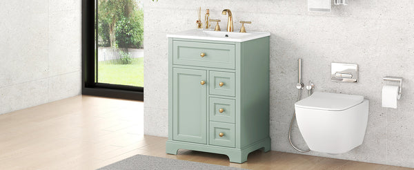 English Elm "24'' 24 Inch Glossy Freestanding Bathroom Vanity with Gold Hardware and Soft Close Storage Green Pinewood N725P375495F
