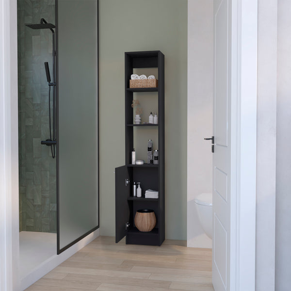 English Elm Linen Cabinet Marion Black — Slim Engineered Wood Bathroom Storage with Open Shelves & Concealed Door (46.1" L) B092P191188