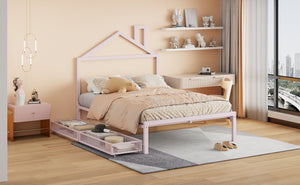 English Elm Full Metal Platform Bed with House-Style Headboard, Two Smooth Storage Drawers, Sturdy 350lb Capacity Pink MF320571AAH