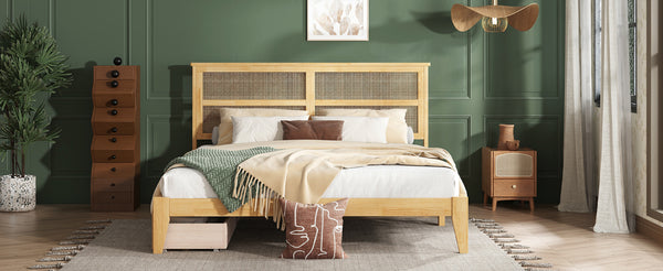 English Elm King Rattan Bed with Two Under-Storage Drawers, Rubberwood Slats, Durable 600 lb Capacity Frame White Oak W504S00229
