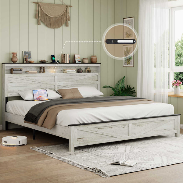 English Elm King Platform Storage Bed Farmhouse Shelf Headboard with Usb Charging Ports W636P317332