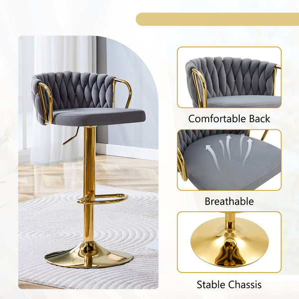 English Elm Set of 2 Velvet Swivel Barstools with Braided Rope Back and Adjustable Pedestal Base Gold,Gray W3875P383914