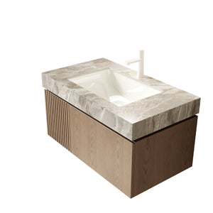 English Elm Muri Floating Bathroom Vanity with Sintered Stone Top and Oak Veneer Woodgrain Cabinet W2615S00591
