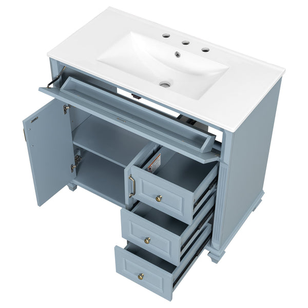 English Elm 36" Bathroom Vanity - Modern Blue Grey Solid Wood Cabinet With Elegant Gold Handles & Ample Storage N725P356069E