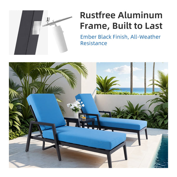English Elm 3PC TouchTilt Chaise Lounge Set with Sunbrella Cushions, Aluminum Frame, Wheels, Tapered Legs, Ember Black W1886P175986
